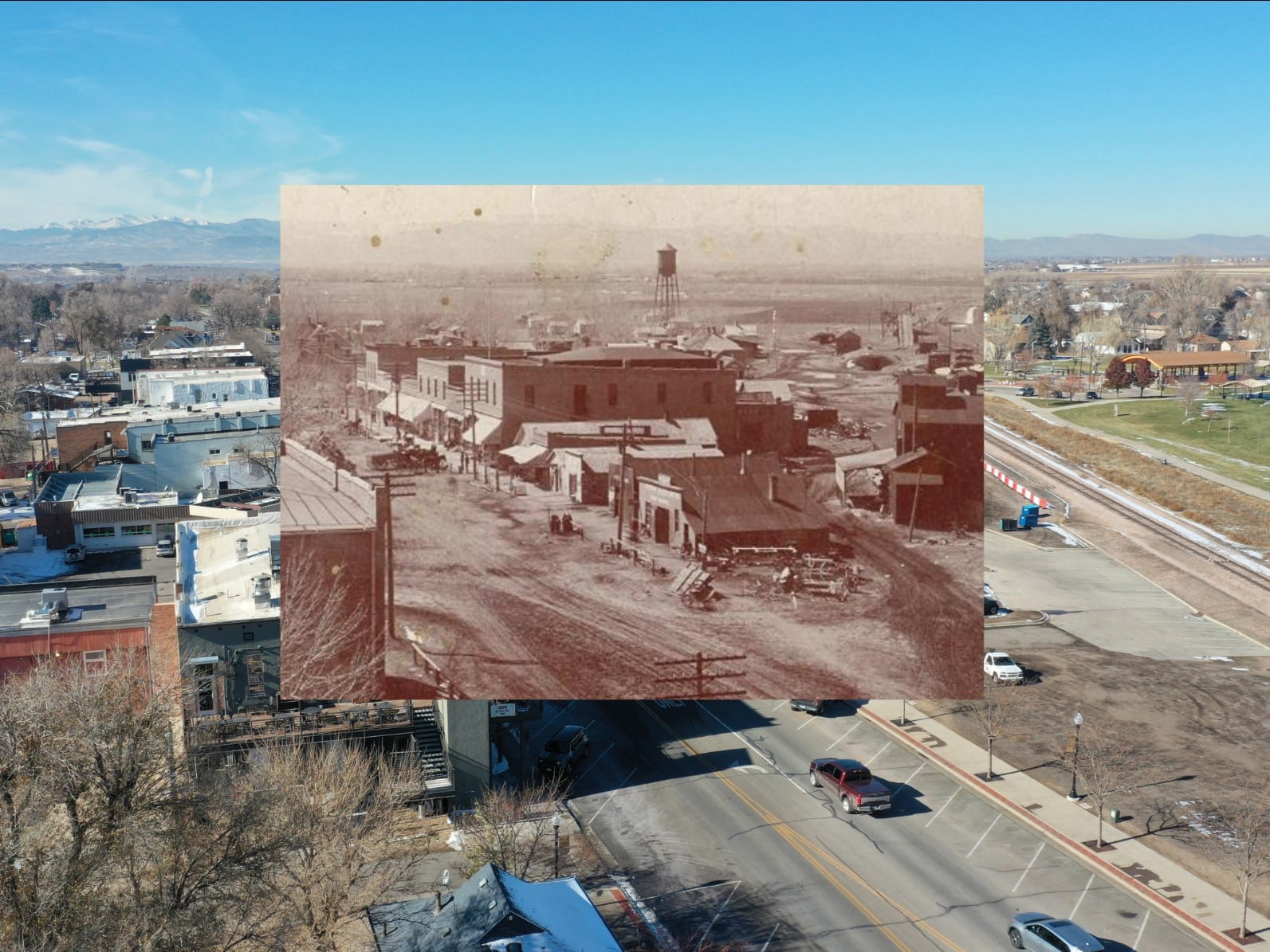 Historic picture of town overlayed on picture of current day area