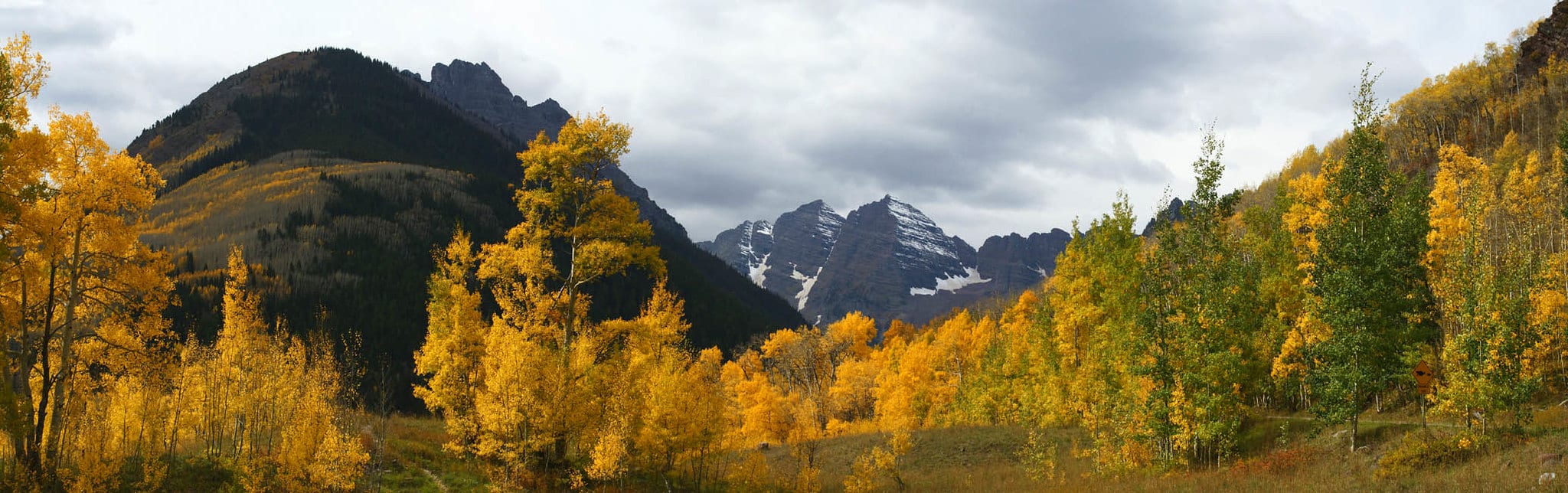 Golden aspen trees in foreground and Maroon Bells mountain peaks in the background