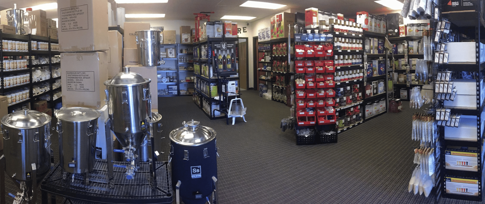 Shelves stocked with homebrew supplies at Quirky Homebrew in Northglenn