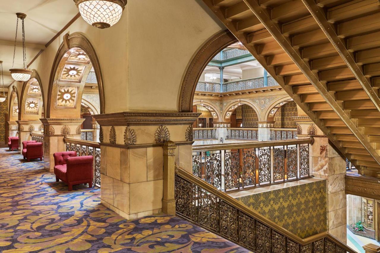 Looking under an staircase and balcony inside the Brown Palace Hotel in Denver, Colorado