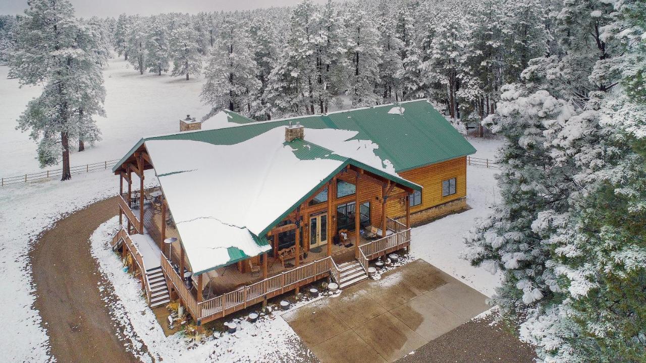 Aerial view of Elktrace Bed and Breakfast in Pagosa Springs, Colorado in winter with snow on the roof