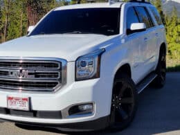 White GMC SUV parked in front of forest for Grand Mountain Rides