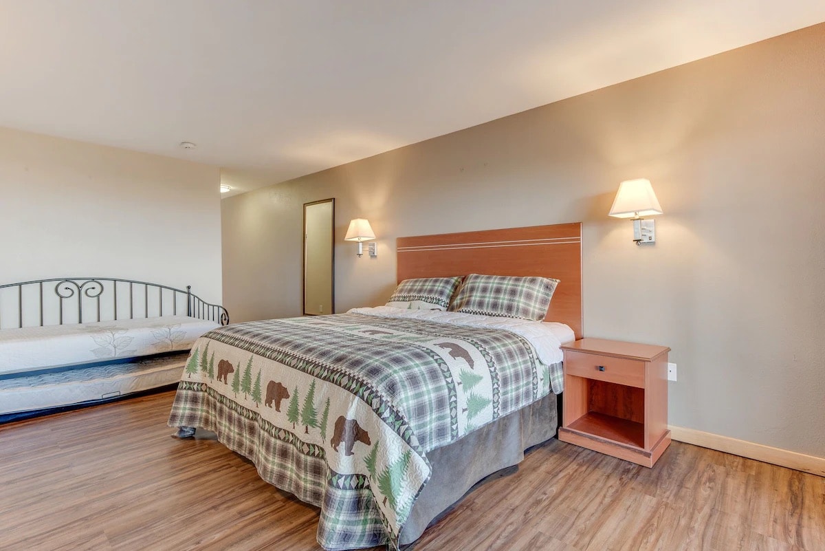 Interior of the Deluxe Room with queen bed at the Great Sand Dunes Lodge in Mosca, Colorado