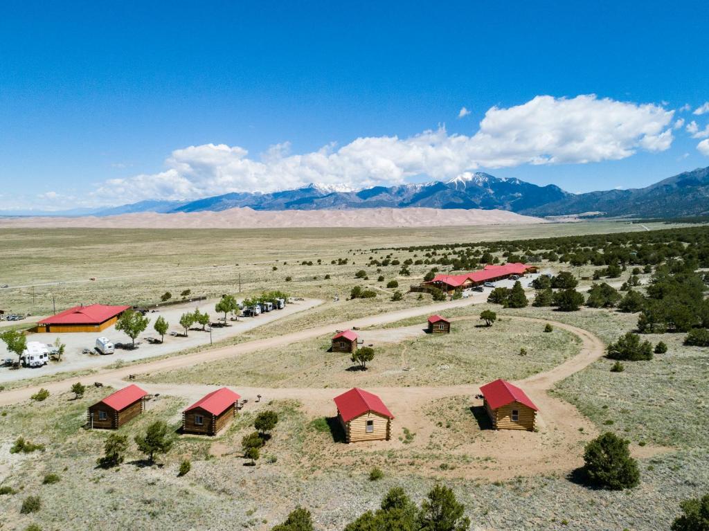 Aerial view of the Great Sand Dunes Oasis and Great Sand Dunes Lodge