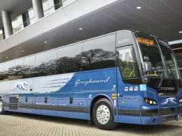 Blue greyhound bus in front of station in Denver