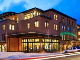 Exterior of the Limelight Hotel Aspen in winter