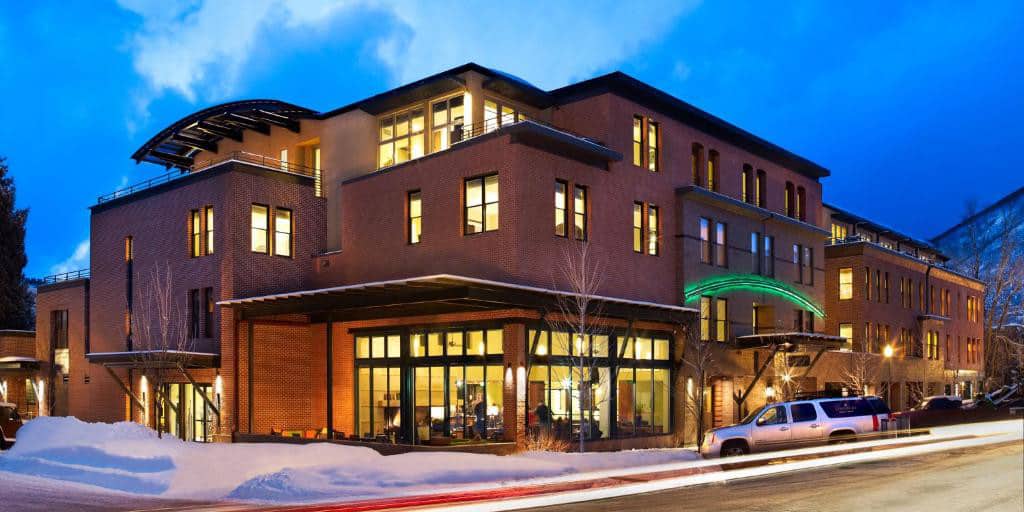 Exterior of the Limelight Hotel Aspen in winter