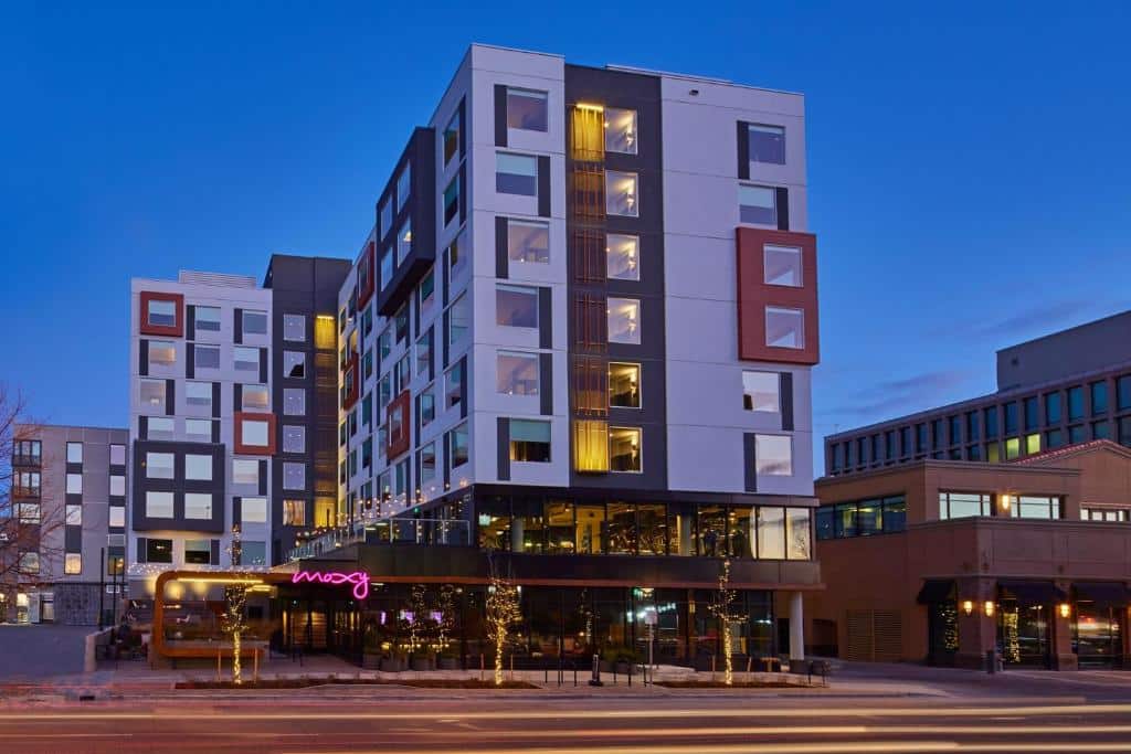 Evening exterior of the Moxy Denver Cherry Creek