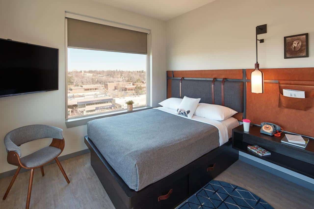 Queen bed room at Moxy Denver Cherry Creek