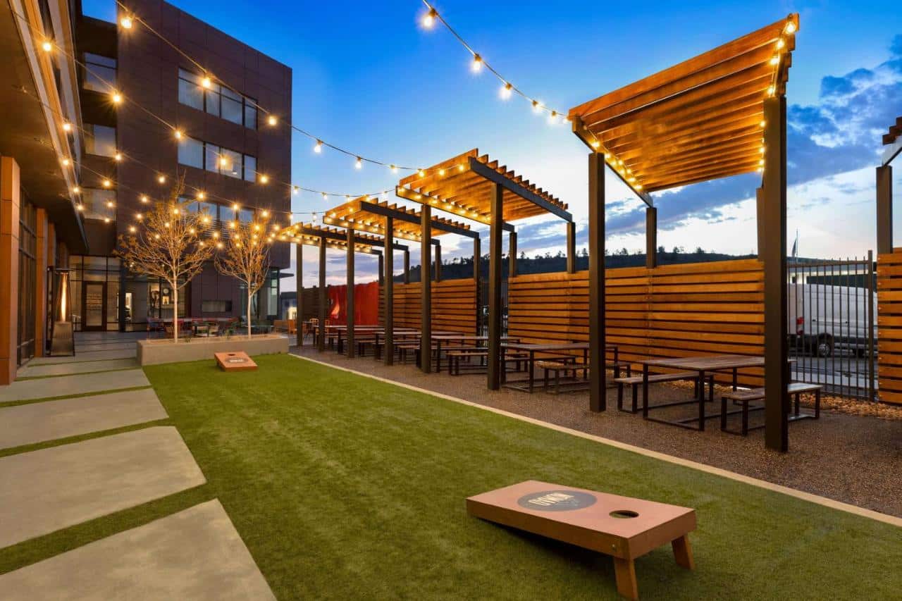 Bocce ball court at Origin Hotel Red Rocks in Golden, Colorado