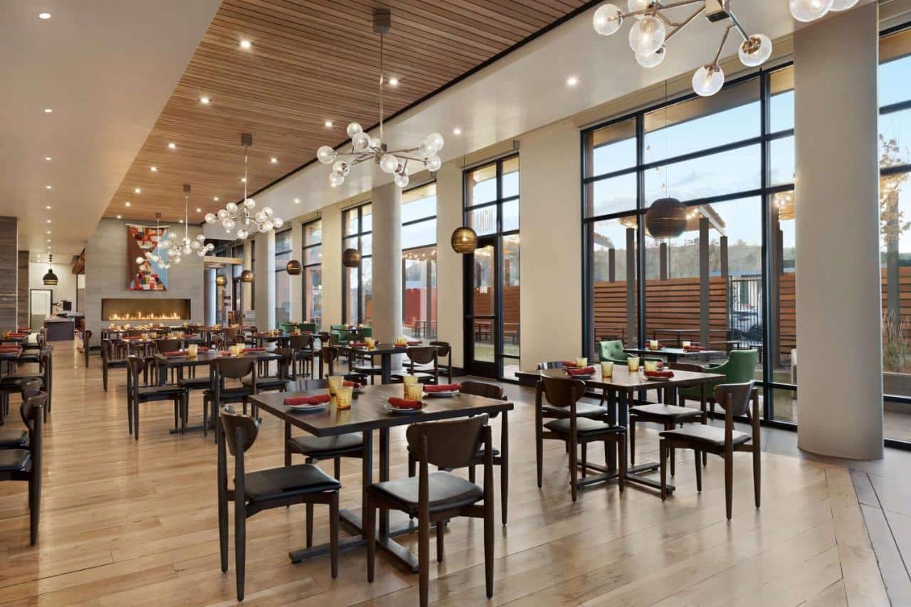 Empty dining area at Origin Hotel Red Rocks in Golden, Colorado