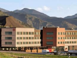 Overlooking the exterior of the Origin Hotel Red Rocks in Golden, Colorado