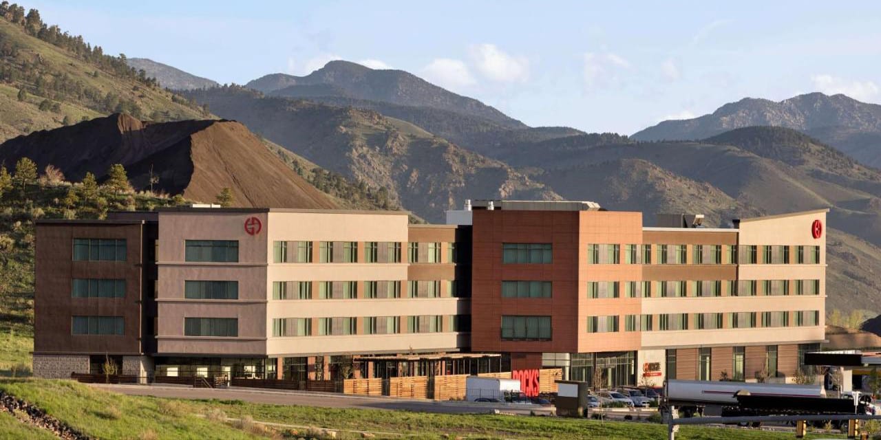 Overlooking the exterior of the Origin Hotel Red Rocks in Golden, Colorado