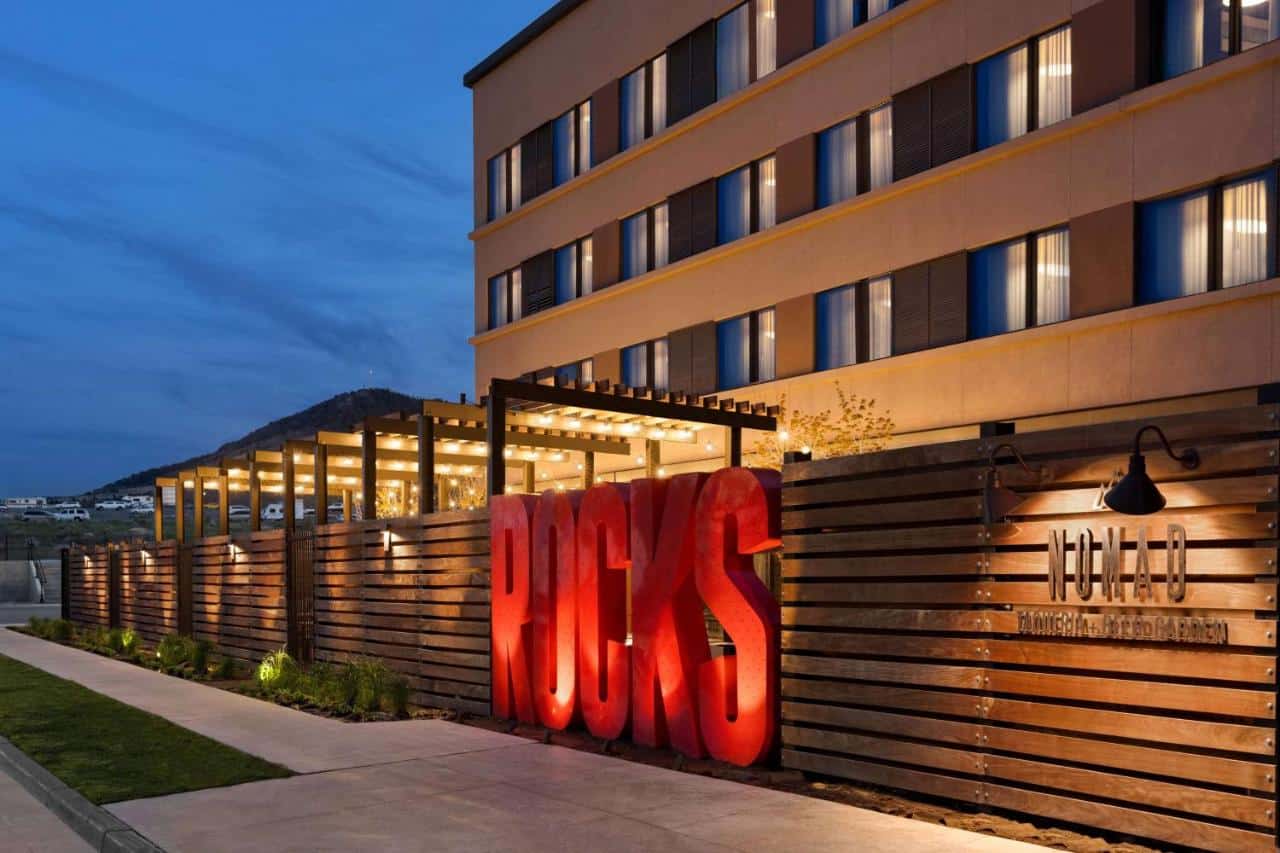 Exterior of the beer garden at Origin Hotel Red Rocks in Golden, Colorado