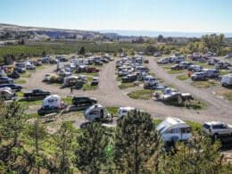 Aerial view of the campground at Palisade Basecamp RV Resort in Colorado