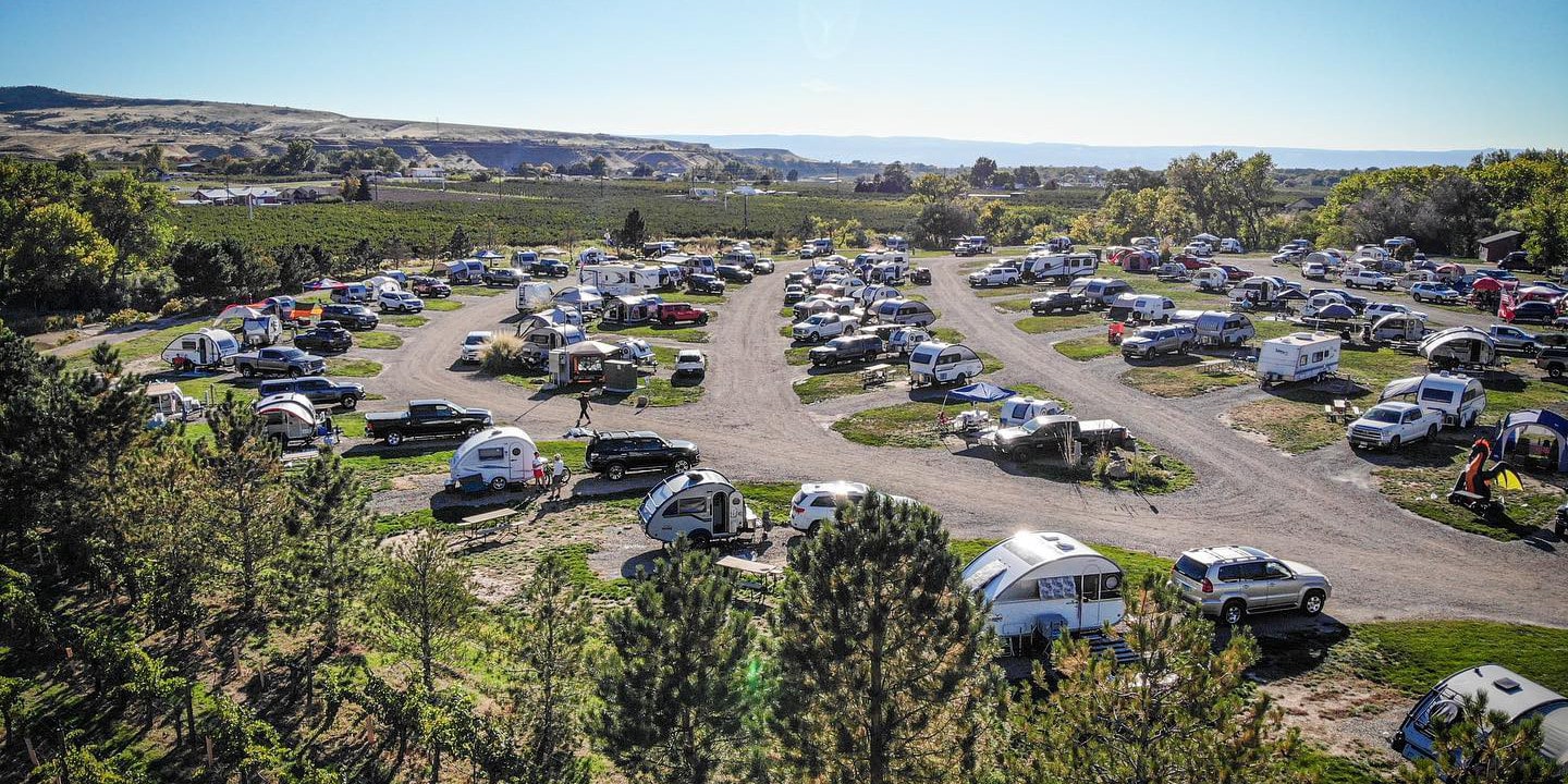 Aerial view of the campground at Palisade Basecamp RV Resort in Colorado