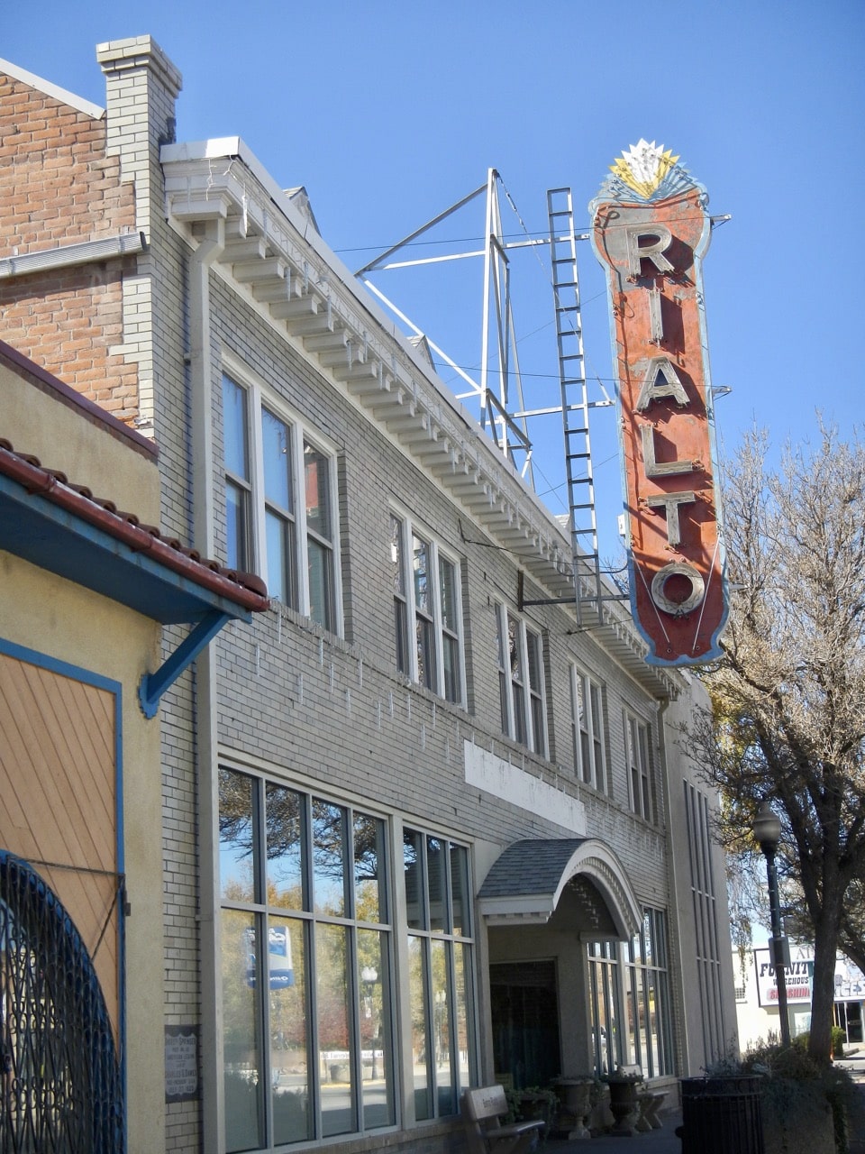 The closed Rialto Theatre in downtown Alamosa, Colorado on a sunny day