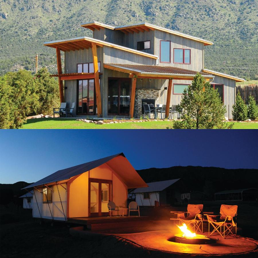 Split picture with the top showing a cabin vacation rental during day and the bottom a tent structure at night at Royal Gorge Cabins in Canon City, Colorado