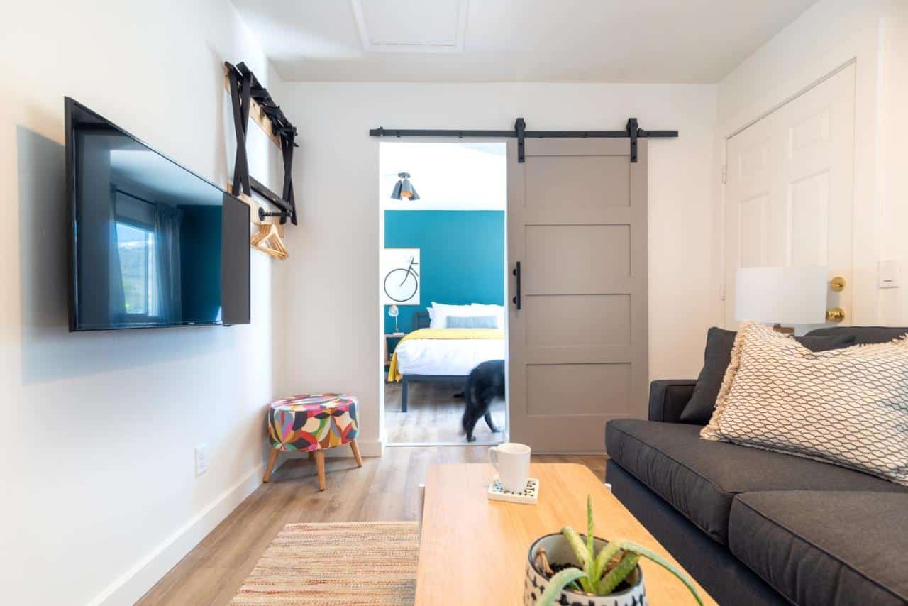 Dog walks by the TV living area inside a room at the Spoke and Vine Motel in Palisade, Colorado