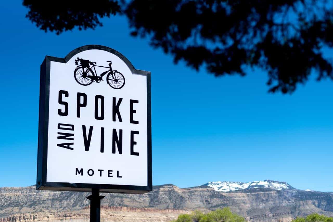 Signage out front of the Spoke and Vine Motel in Palisade, Colorado