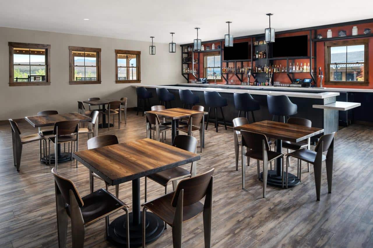 Empty bar and dining area at Headwaters Tavern in Granby, Colorado