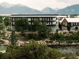 Exterior of the Surf Hotel & Chateau Buena Vista CO with view of Arkansas River and Collegiate Peaks