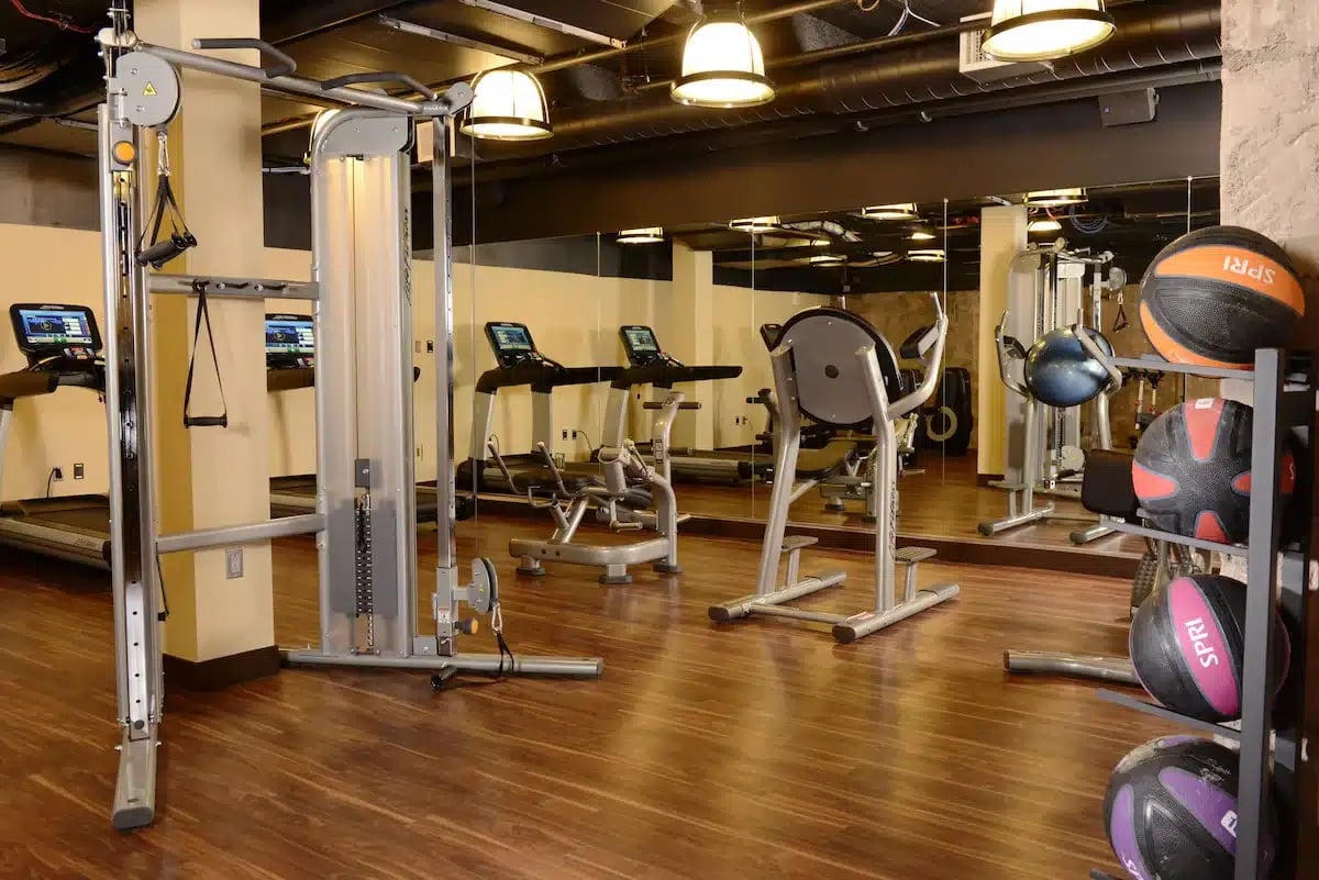 Equipment in the gym in the Crawford Hotel in Denver, Colorado