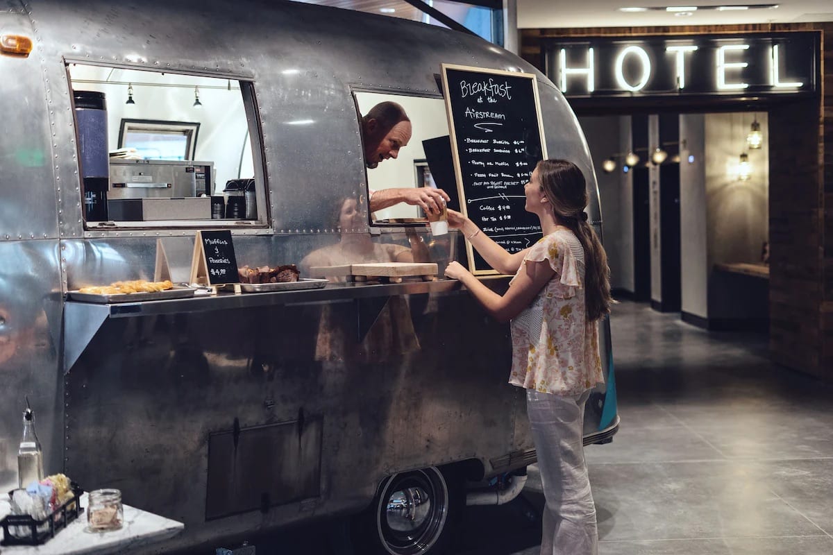 Airstream coffeeshop in the lobby The Maven Hotel at Dairy Block in Denver, Colorado