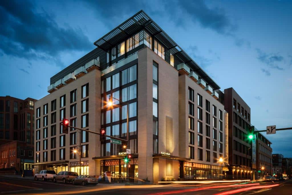 Evening exterior of The Maven Hotel at Dairy Block in Denver, Colorado