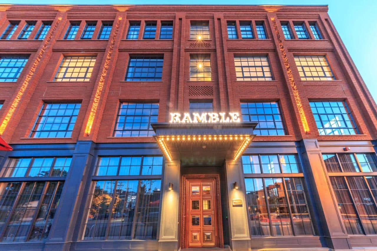 Close-up of the front exterior of The Ramble Hotel in Denver, Colorado