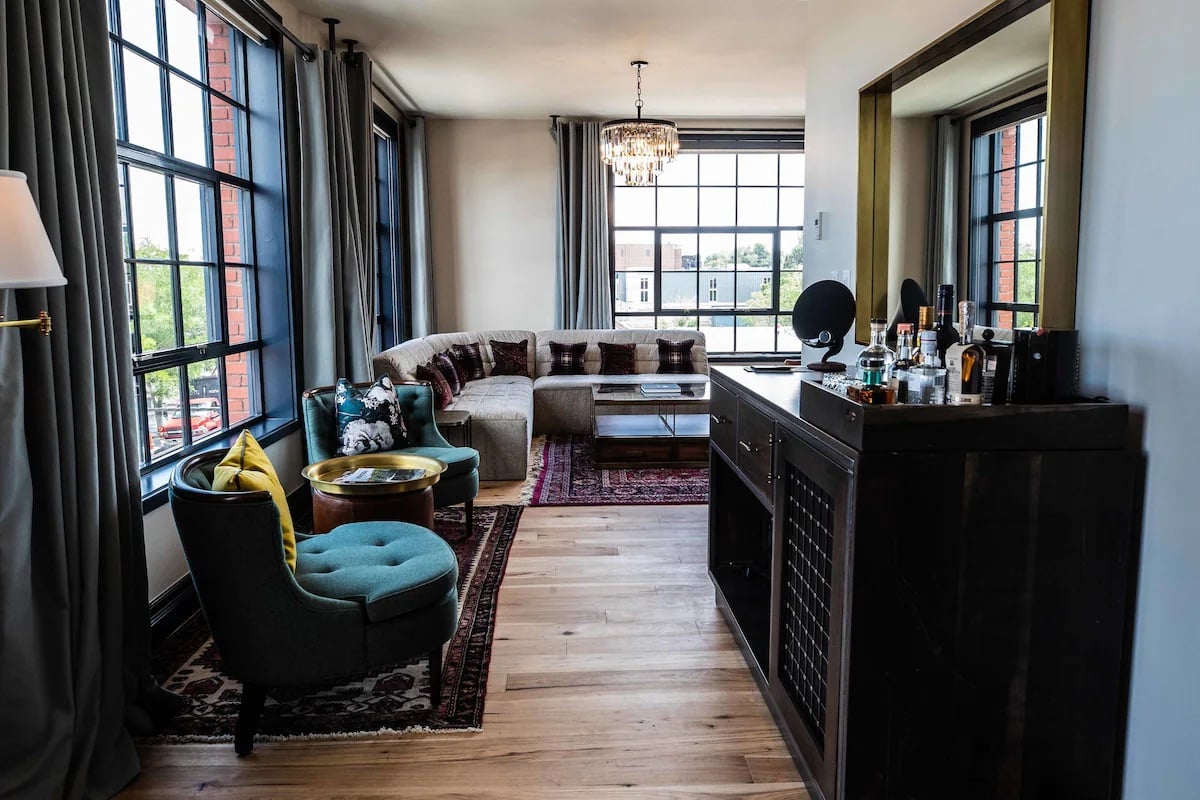 Living area in the Salon Suite at The Ramble Hotel in Denver, Colorado