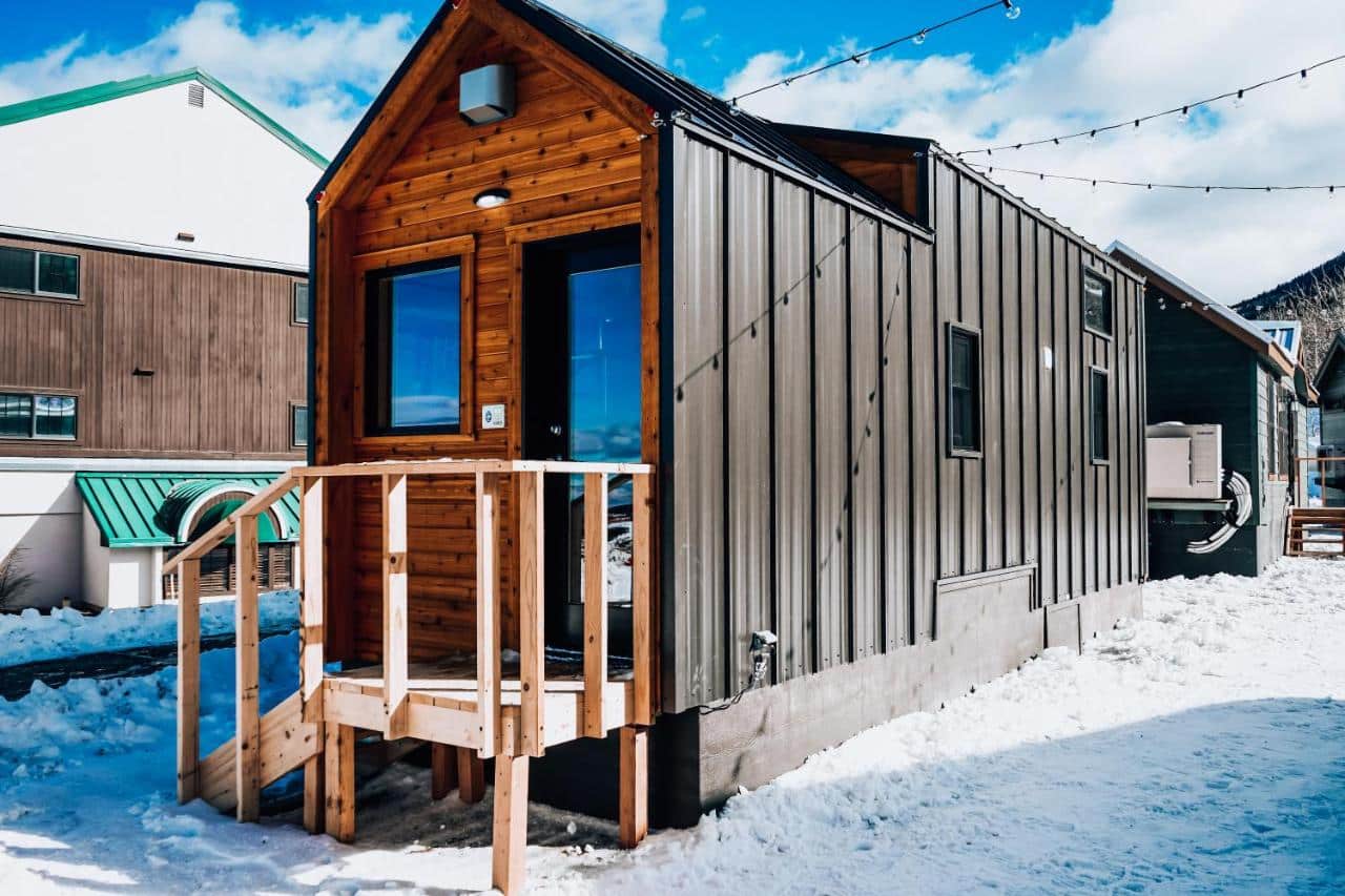 One of the Tiny Homes at Powderhorn Mountain Resort in wintertime