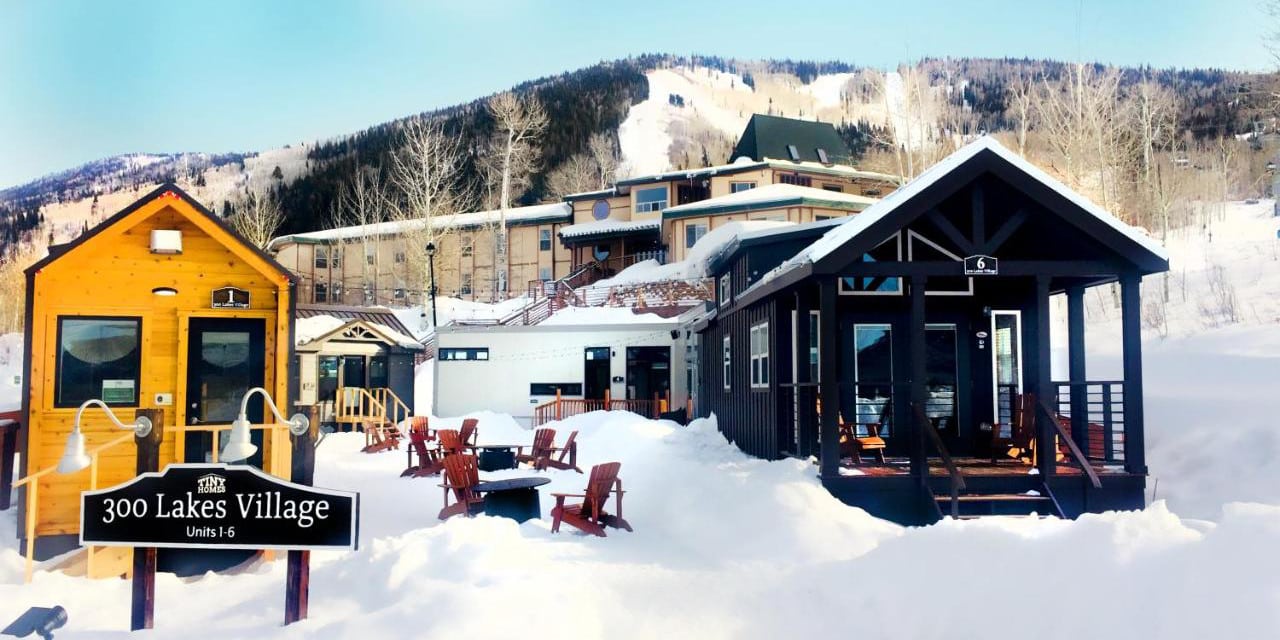 Wintertime looking at the Tiny Homes at Powderhorn Mountain Resort in Western Colorado