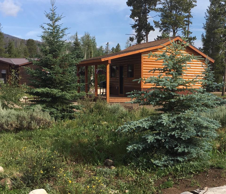 Exterior of a cabin at Winding River Resort in Grand Lake, Colorado