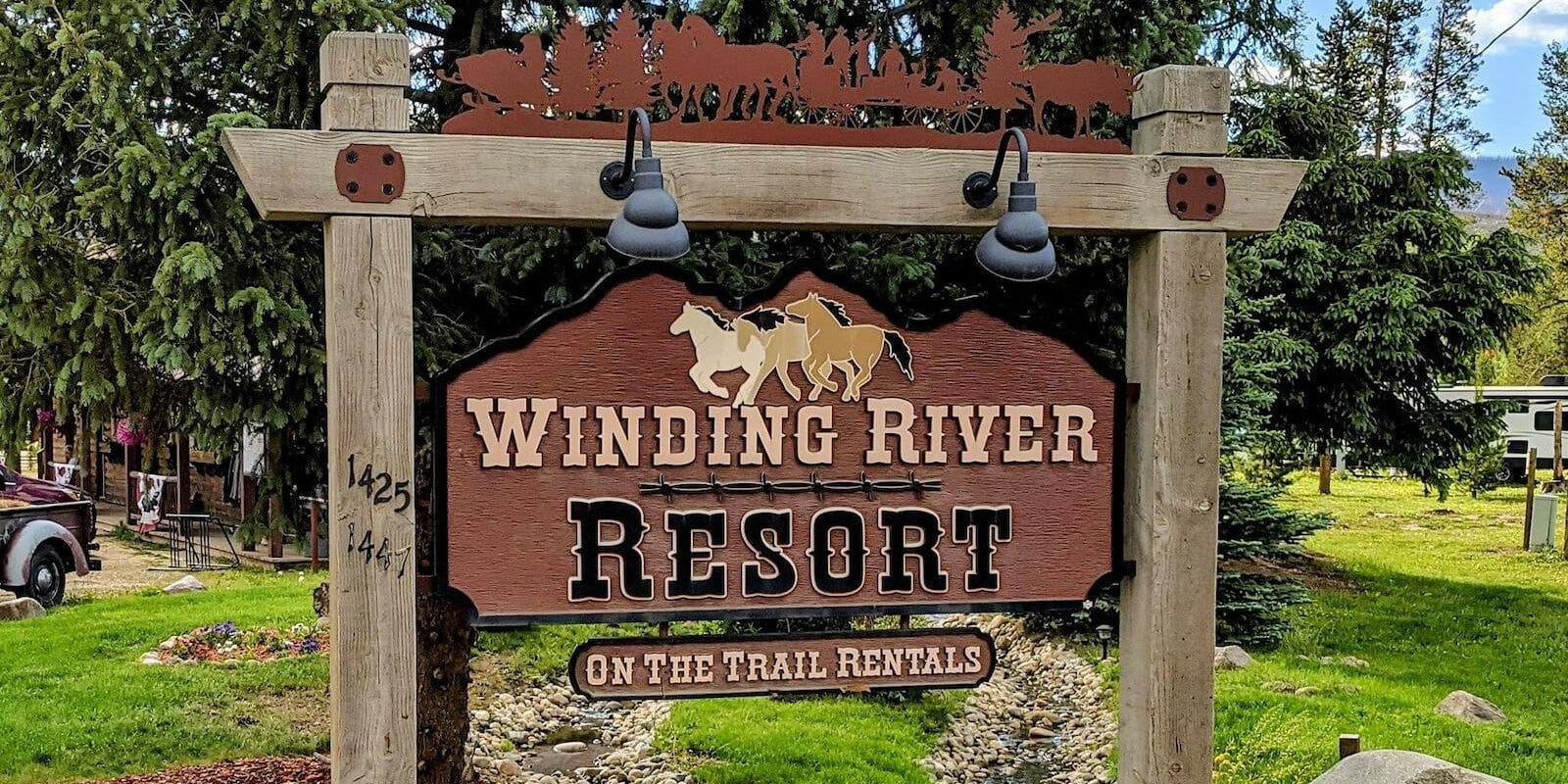 Welcome sign for Winding River Resort and On Trail Rentals in Grand Lake, Colorado