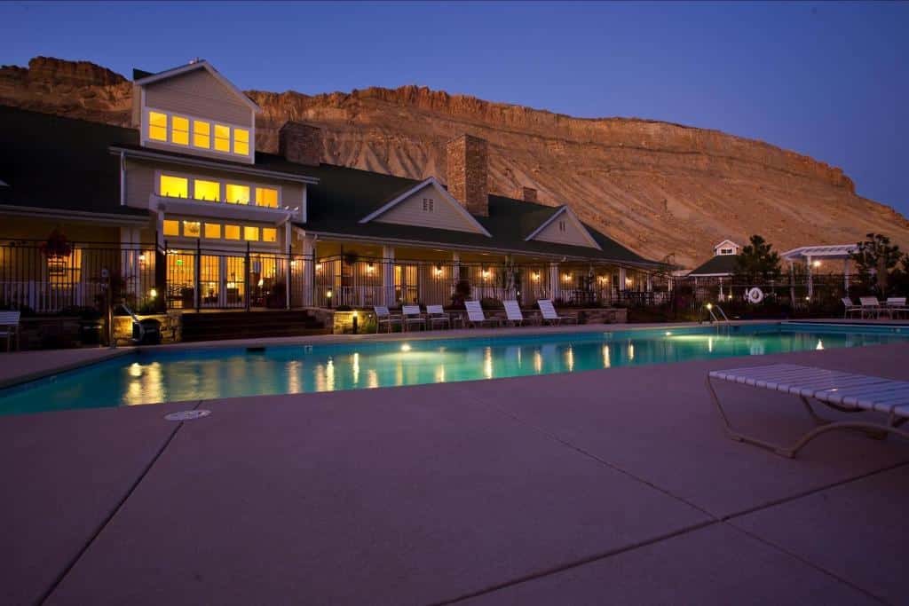 The back of the Wine Country Inn showing the swimming pool at night in Palisade, Colorado