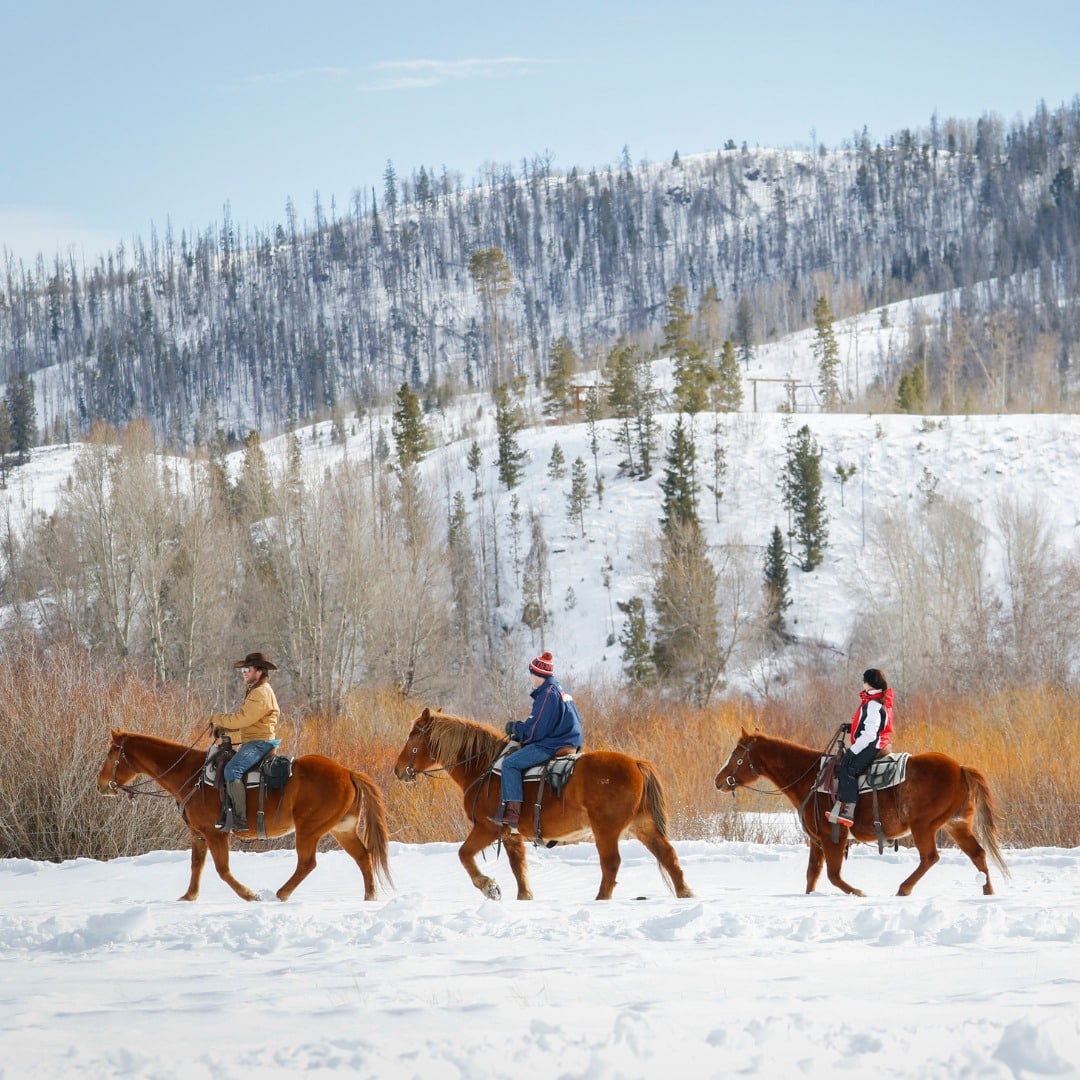 Three people on brown horses riding through a hilly area covered in snow at C Lazy U Guest Ranch