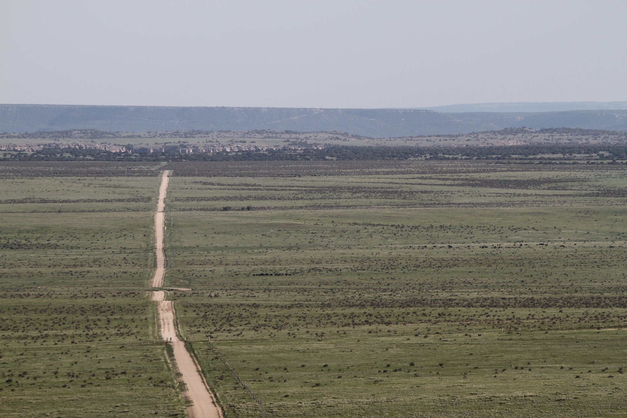 Long straight road through the Comanche National Grassland, one of the scenic stops along the Santa Fe Scenic Byway in southern Colorado