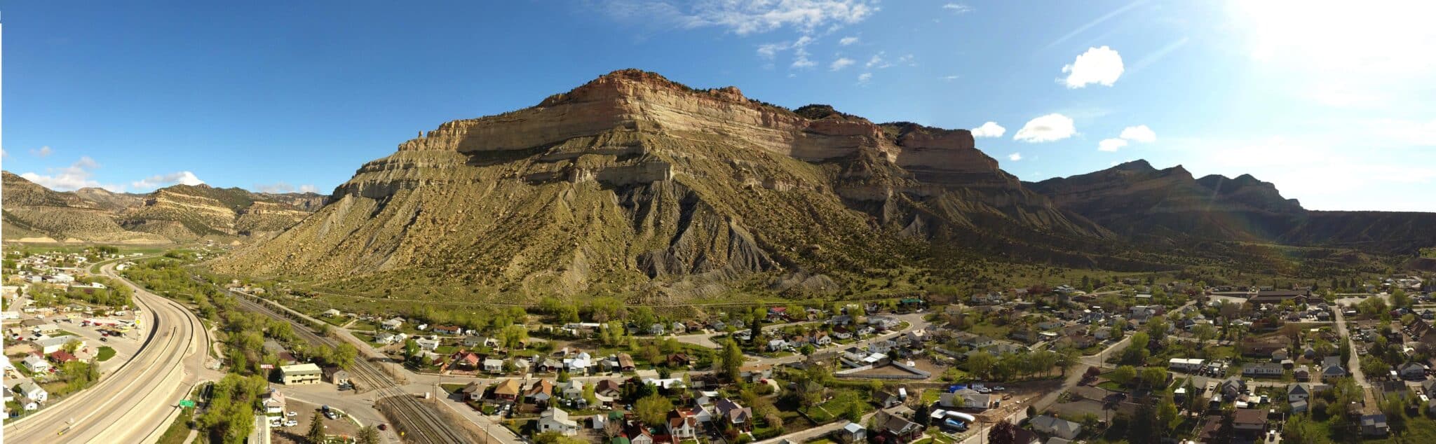 Aerial view of the Book Cliffs and town of Helper, Utah