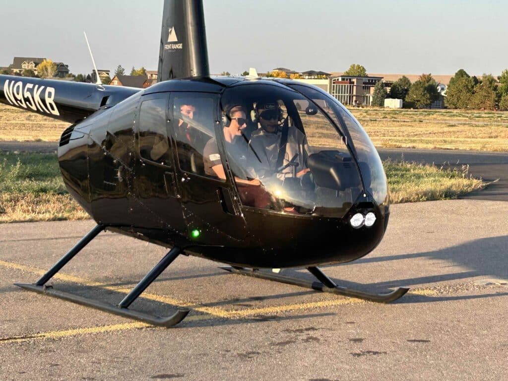 Helicopter parked for the Front Range Heli Tour in Colorado