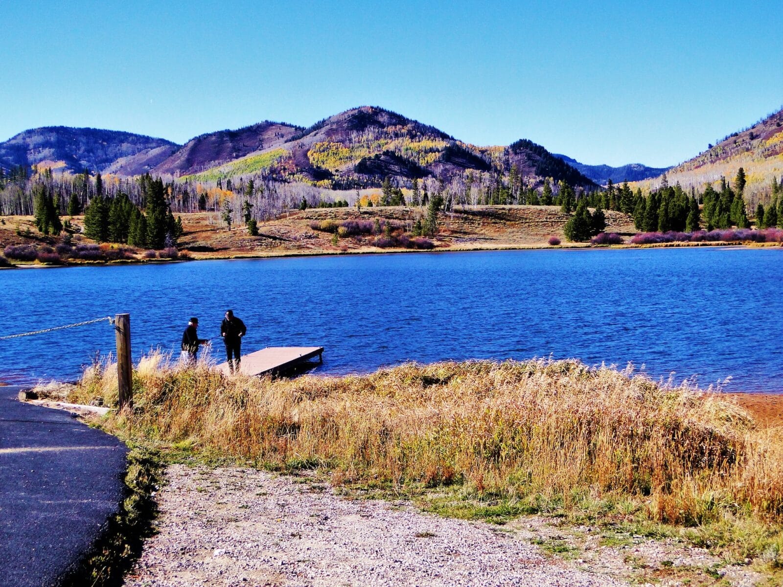 People standing on the fishing dock at Steamboat Lake State Park