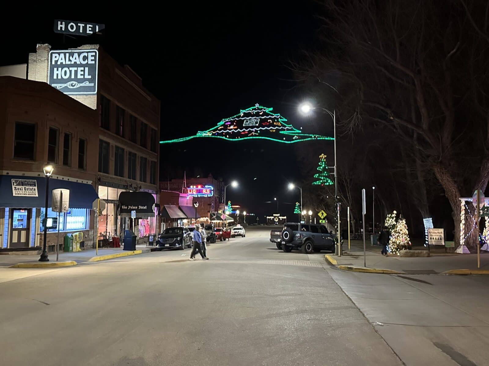 lit up Christmas Tree on the mountain in downtown Salida