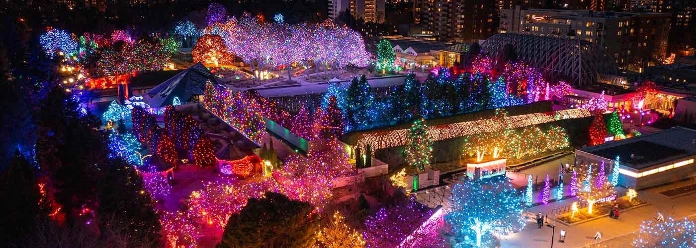 aerial view of the Denver Botanic Gardens decorated Christmas lights