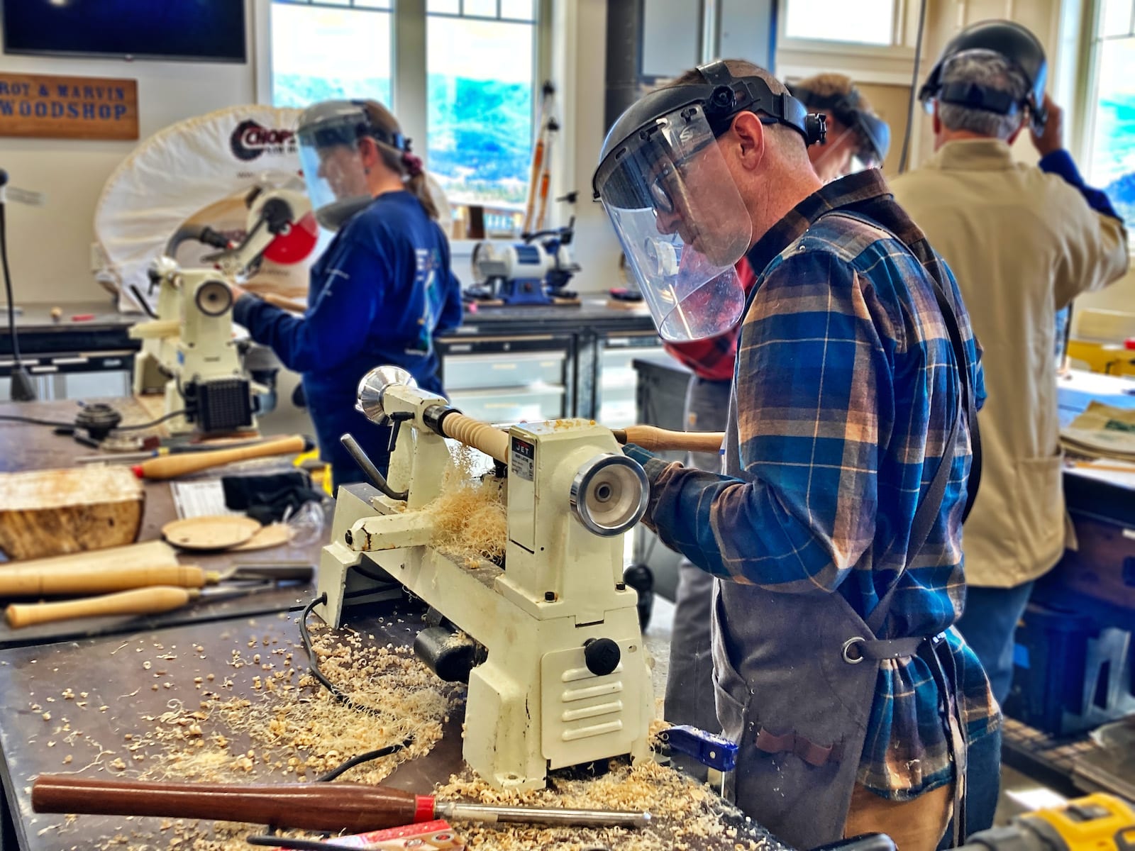 People woodworking with Rocky Mountain Folk School in Grand Lake, Colorado