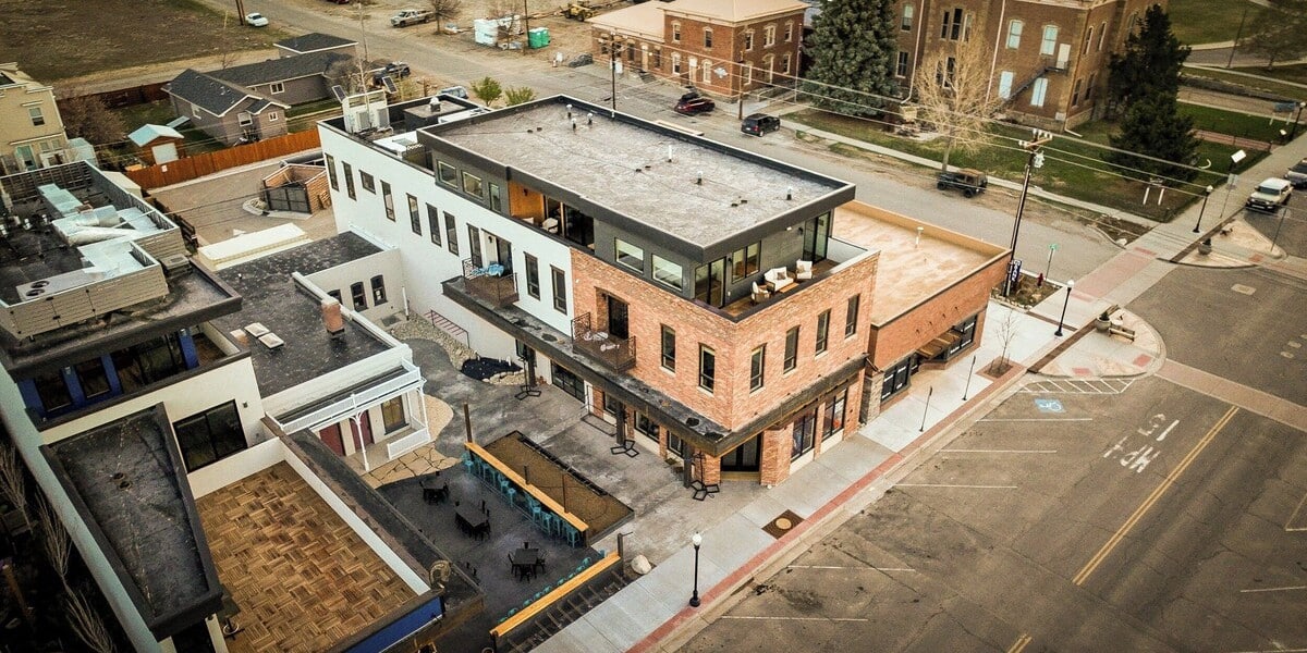 Aerial view of the Shorehouse Hotel in Buena Vista, Colorado