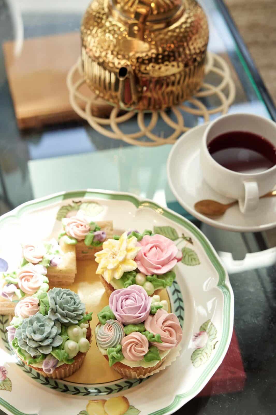 close up of cupcakes and black tea at Local Jones in Denver