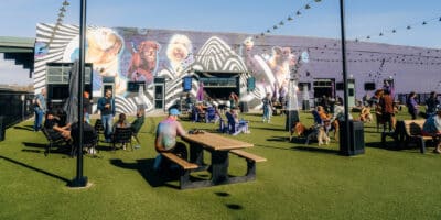 people and dogs gathers at the Skiptown Rino Dog Bar & Park in Denver, CO
