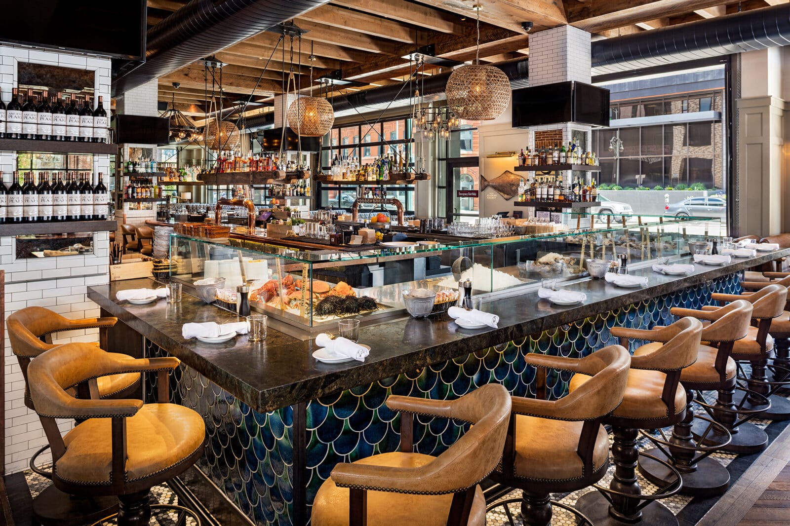 Bar area with seafood behind counter at Water Grill in Denver