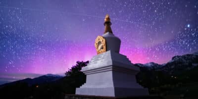 International Space Station, Aurora Borealis and Yeshe Rangsal Stupa in Crestone, Colorado