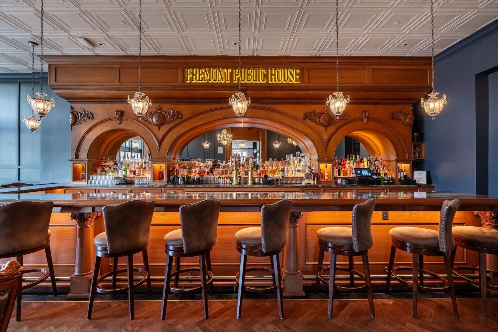 view of historic bar inside Fremont Public House in Canon City